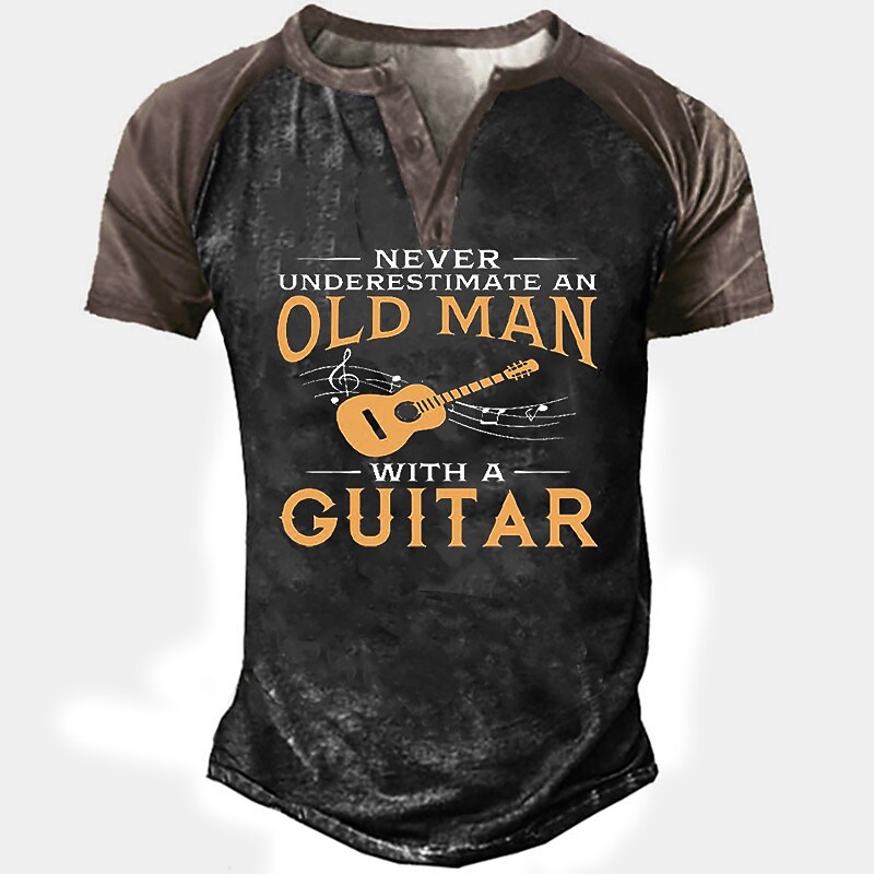 Men's Guitar Vintage Button-Down Short Sleeve Henley Shirt