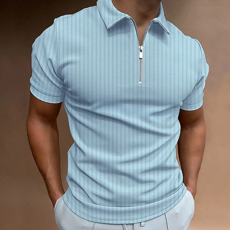Men's Wear Turndown Quarter Zip   Classic Style Plain Half Zip Quarter  Short Sleeve Polo Shirt