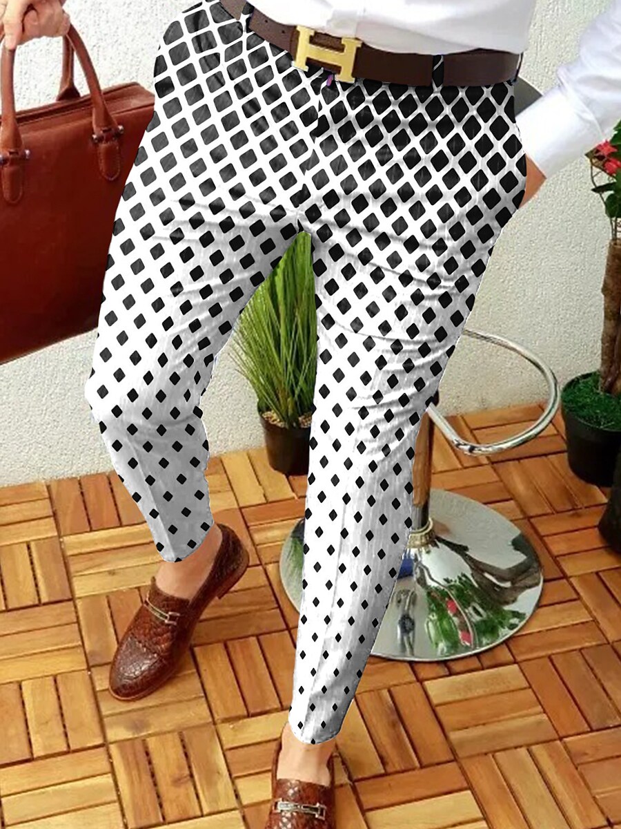 Men's Side Pockets Print Geometry Full Length Micro-elastic Chinos Slacks Trousers