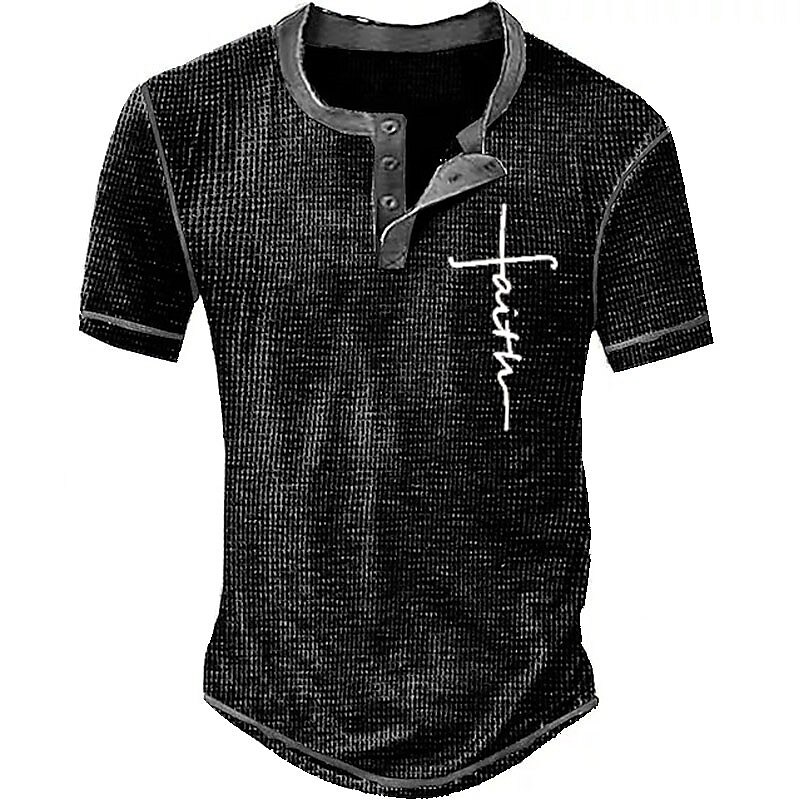 Men's Waffle Henley Shirt Graphic Faith Henley Clothing Apparel 3D Print Outdoor Daily Short Sleeve Button Fashion Designer Basic