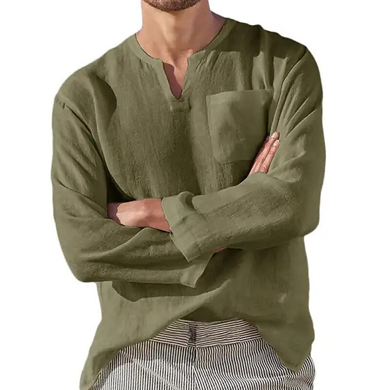 Men's Linen Shirt Summer Shirt Beach Shirt Black White Navy Blue Long Sleeve Plain V Neck Spring & Summer Casual Daily Clothing Apparel Front Pocket