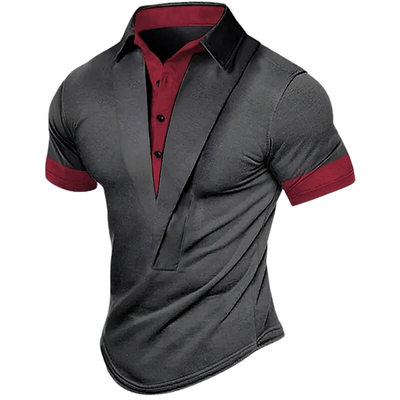 Men's Color Block Lapel  Basic Short Sleeves Henley Shirt