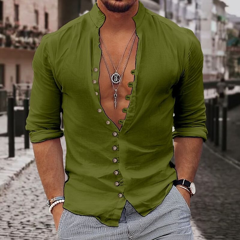 Men's Shirt Linen Shirt Button Up Shirt Casual Shirt Summer Shirt Beach Shirt Black White Pink Long Sleeve Plain Stand Collar Spring & Summer Casual Daily Clothing Apparel