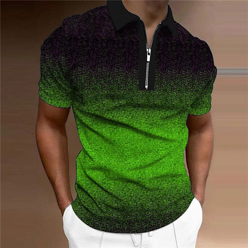 Men's Gradient Turndown  3D Print Outdoor   Zipper Short Sleeves Polo Shirt