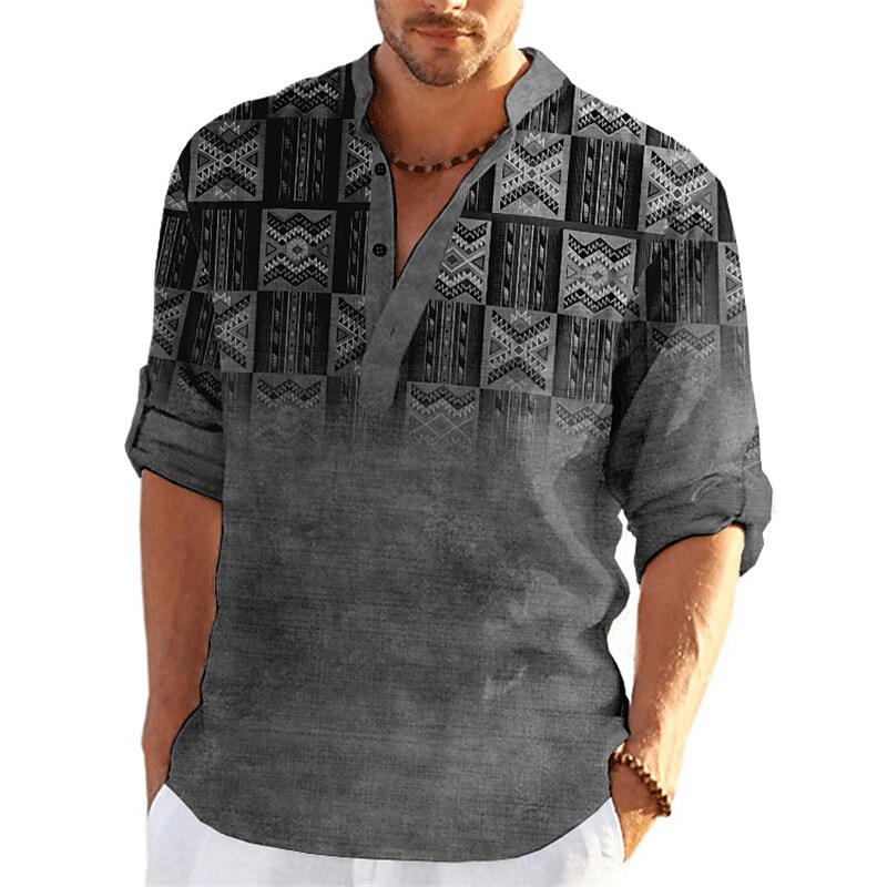 Men's Tribal Graphic Prints Vintage Geometry Stand Collar Casual  Long Sleeve Linen Shirt