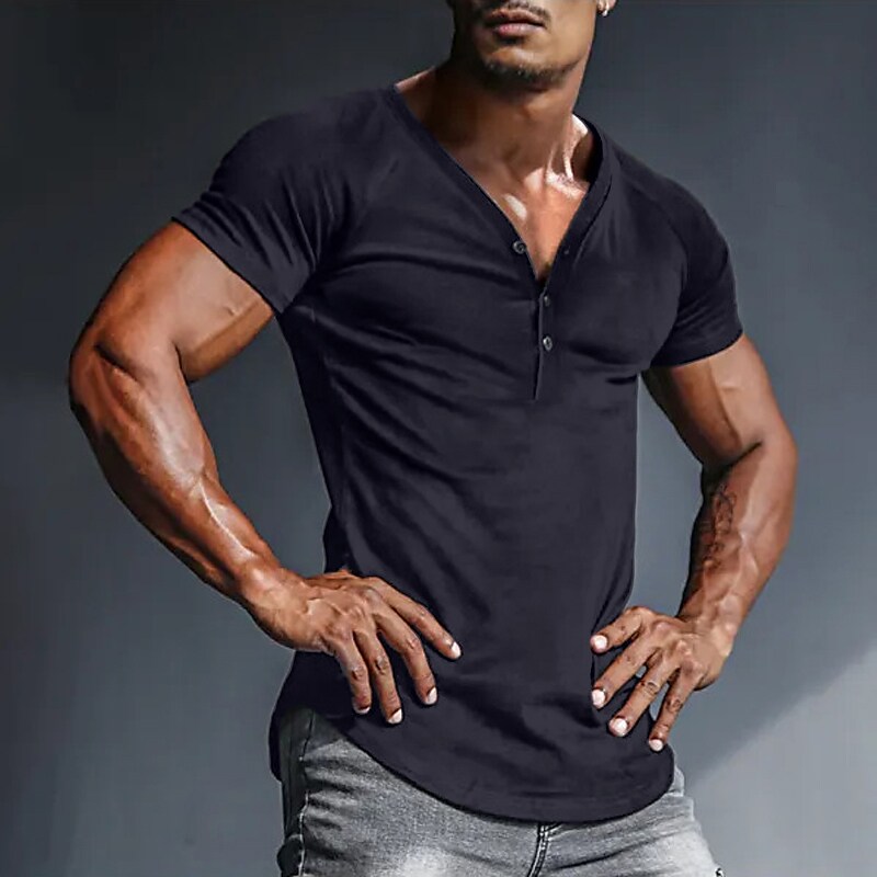 Men's Plain V Neck  Button Short Sleeves Henley Shirt