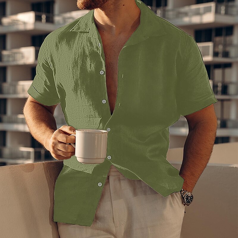 Men's Shirt Linen Shirt Button Up Shirt Casual Shirt Summer Shirt Beach Shirt Black White Pink Short Sleeve Plain Lapel Summer Casual Daily Clothing Apparel Front Pocket