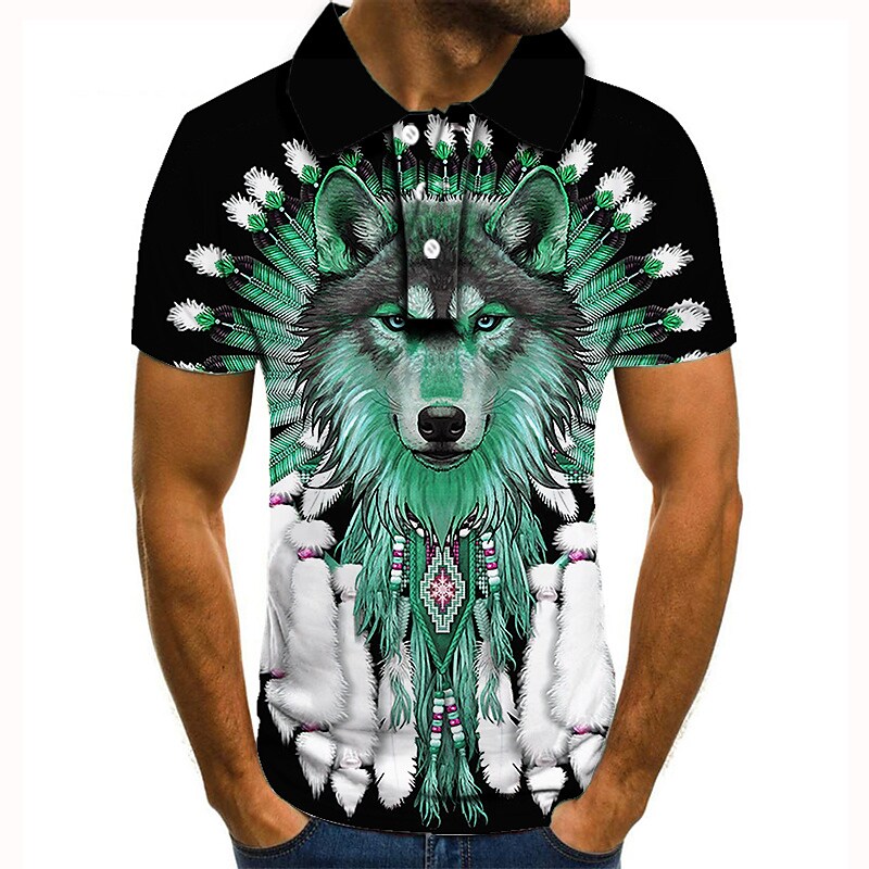 Men's Wolf Graphic 3D Print  Button-Down Short Sleeve Polo Shirt