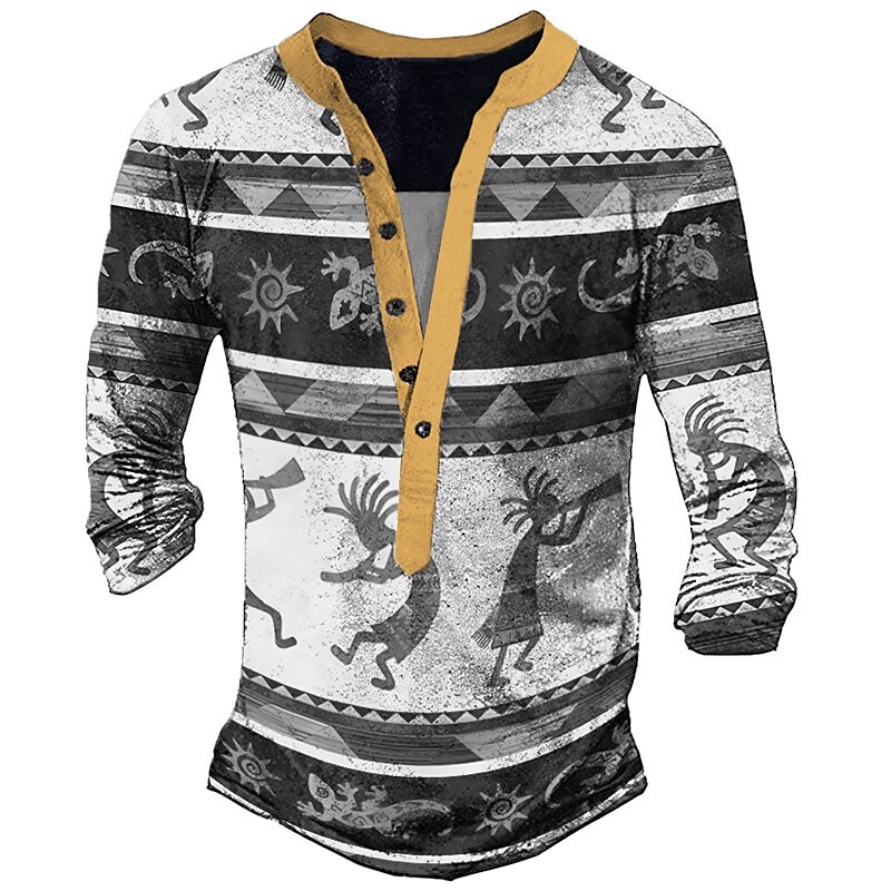 Men's Henley Shirt Graphic Tee Vintage Shirt Basic Ethnic Casual Shirt Tribal Graphic Prints Long Sleeve Shirt Blue Khaki Gray Outdoor Daily Vacation Henley Spring & Summer Clothing Apparel 3D