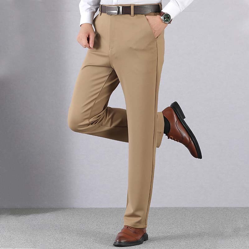 Men's Dress Pants Trousers Casual Pants Pocket Elastic Waist Straight Leg Plain Stretch Wedding Office Business Stylish Formal Black Wine High Waist Micro-elastic