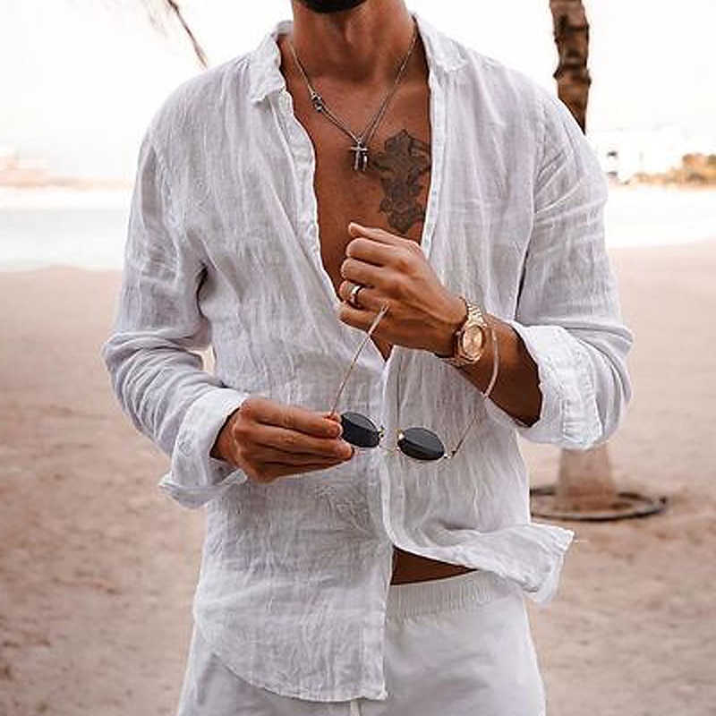 Men's Casual Summer Beach  Long Sleeve Plain Lapel Hawaiian Basic Linen Shirt 