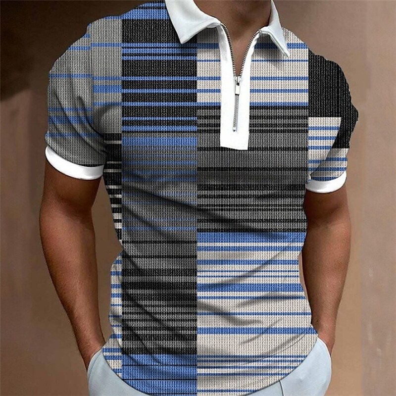 Men's Zip  Graphic Prints Geometry Turndown Short Sleeves Casual Polo Shirt 