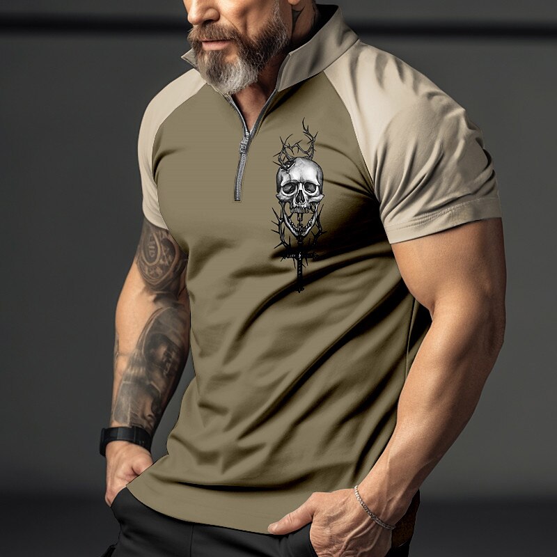 Men's Outdoor Golf Street Fashion Comfortable Breathable Light Prints Zipped Short Sleeve Polo Shirt