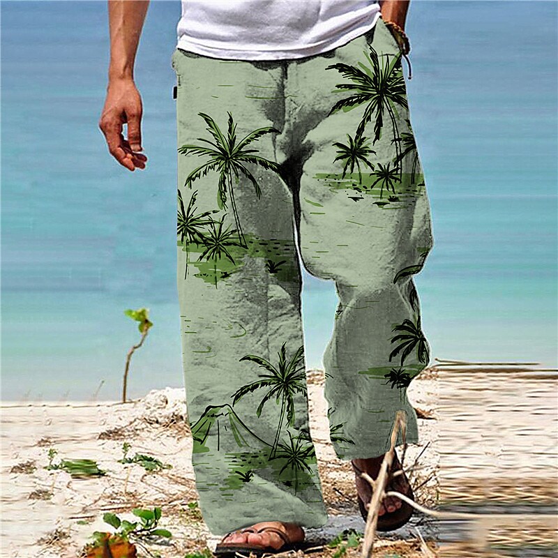 Men's Drawstring Elastic Waist  Coconut Tree Casual Hawaiian Trousers