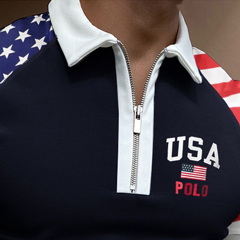 Men's Letter Turndown Zipper Short Sleeve Polo Shirt