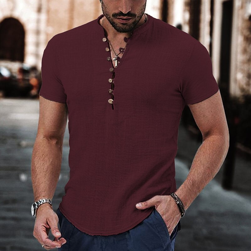 Men's Linen Casual Street Outdoor Comfortable Soft Plain Short Sleeves Henley Shirt