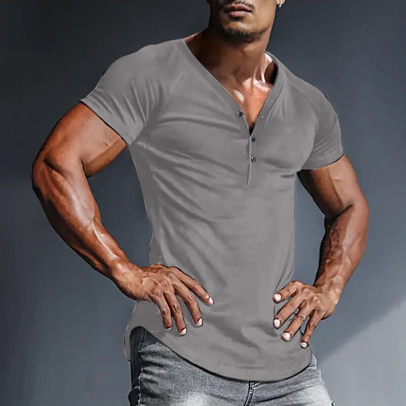 Men's Plain V Neck  Button Short Sleeves Henley Shirt