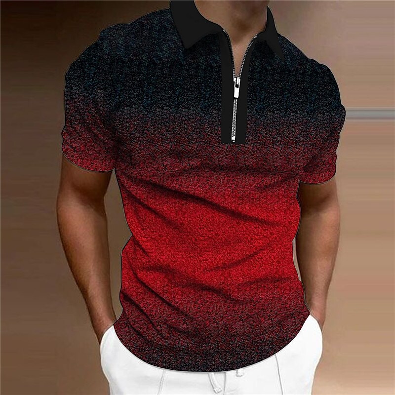 Men's Gradient Turndown  3D Print Outdoor   Zipper Short Sleeves Polo Shirt