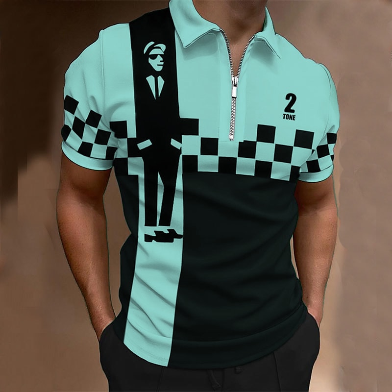 Men's Collar Polo Shirt Golf Shirt Plaid Turndown Black / White Green 