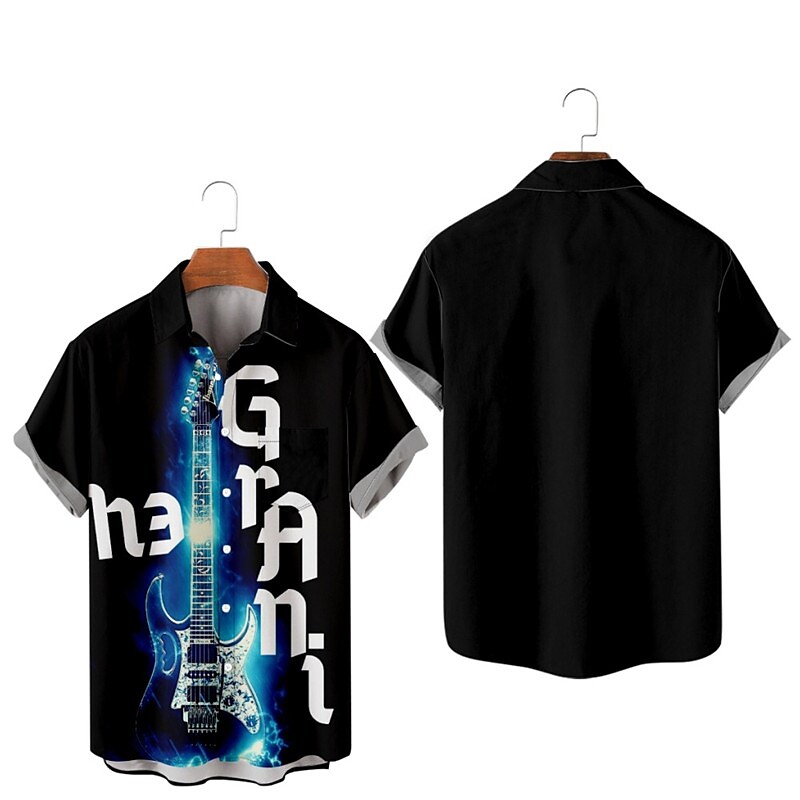 Men's Flame Guitar Turndown Button-DownShort Sleeves Hawaiian Shirt