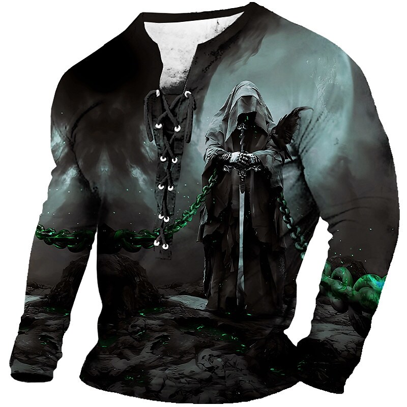 Men's Graphic Faith Skulls Collar 3D Print   Lace up Long Sleeve T-shirt 