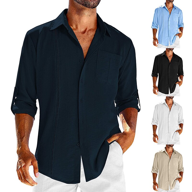 Men's Casual  Beach Plain Lapel Long Sleeve Linen Shirt