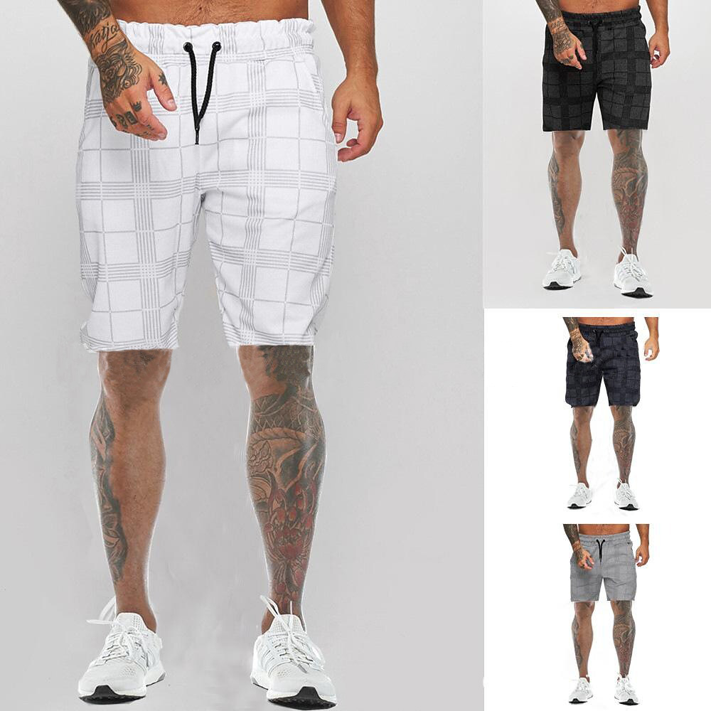 Men's Drawstring Elastic Waist Plaid  Sweat Shorts 