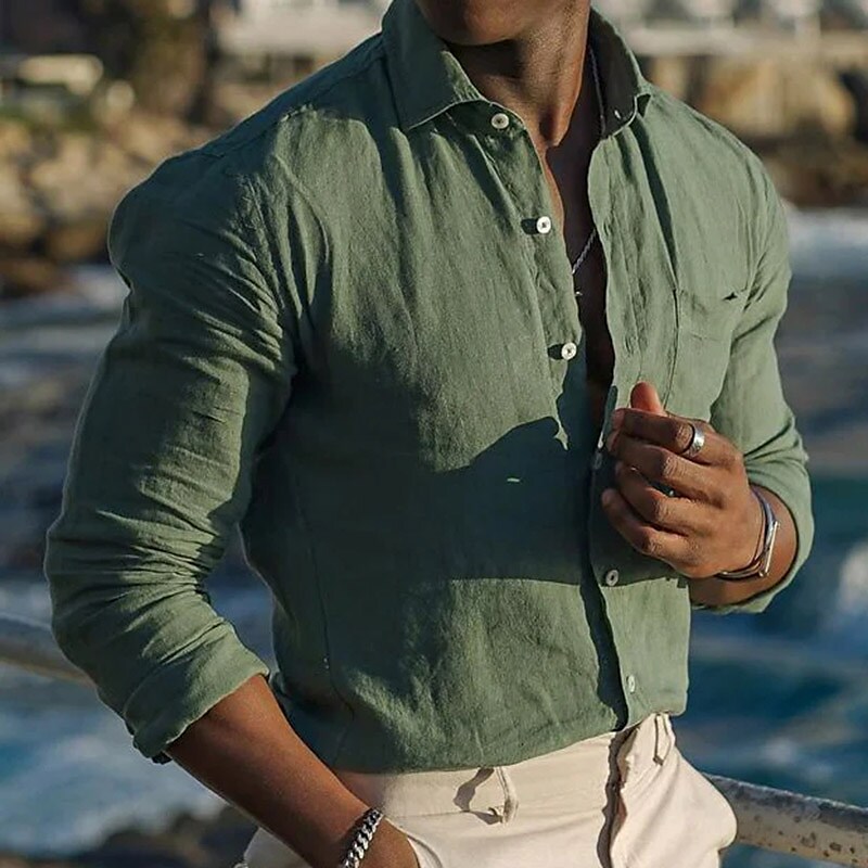 Men's Plain Lapel Long Sleeve Linen Shirt 