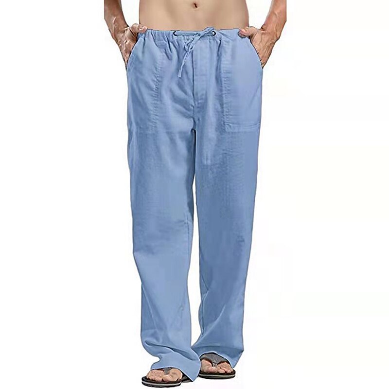 Men's Linen Pants Trousers Summer Pants Beach Pants Pocket Drawstring Elastic Waistband Plain Comfort Breathable Full Length Daily Streetwear Linen / Cotton Blend Fashion Casual / Sporty Loose Fit