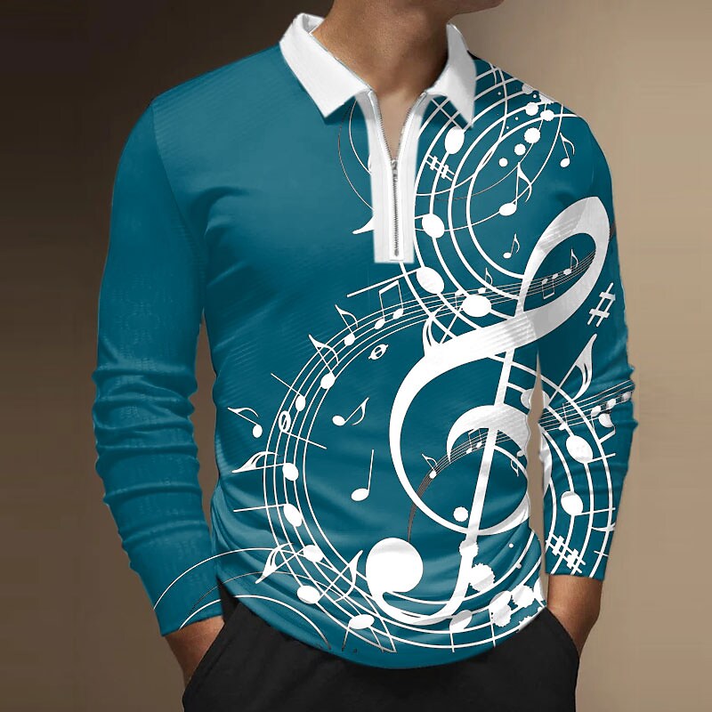 Men's Graphic Prints Notes Turndown Zipper Long Sleeve Polo Shirt