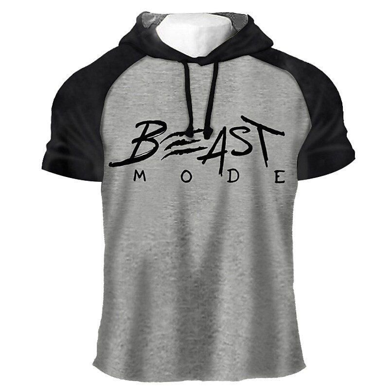 Men's Print Casual Short Sleeve Sweatshirt Letter Hooded