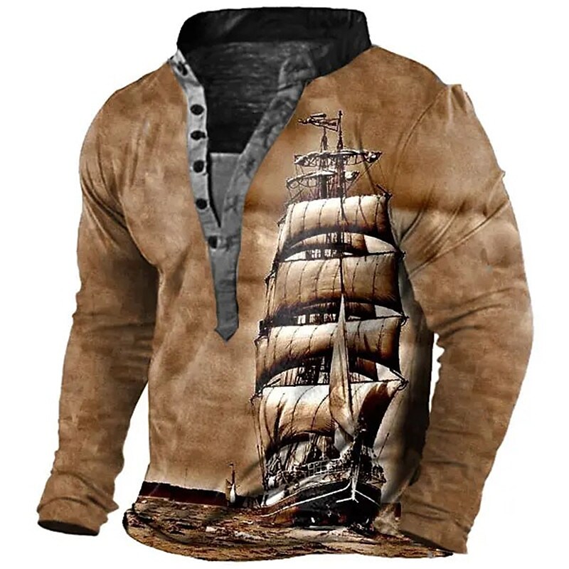 Men's Graphic Ship 3D Print  Button-Down Long Sleeve Henley Shirt