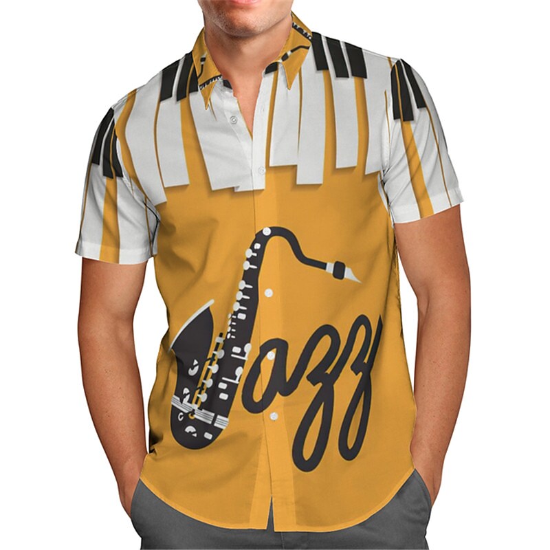 Men's Summer Music Guitar Jazz Button-Down Short Sleeves Hawaiian Shir