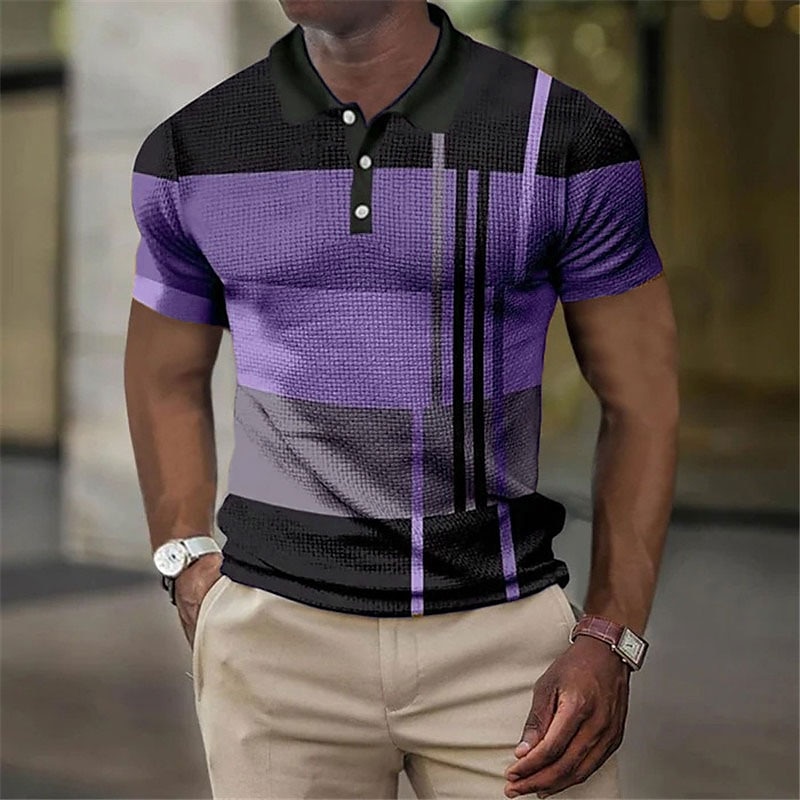 Men's Waffle Golf Outdoor Street Fashion Casual Comfortable Soft Striped Short Sleeves Polo Shirt
