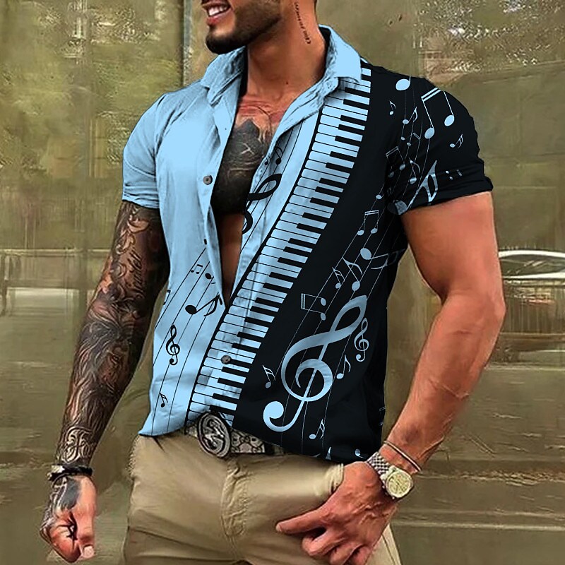 Men's  Music Notes Pano Keys Turndown  Casual Button-Down Short Sleeves Shirt 