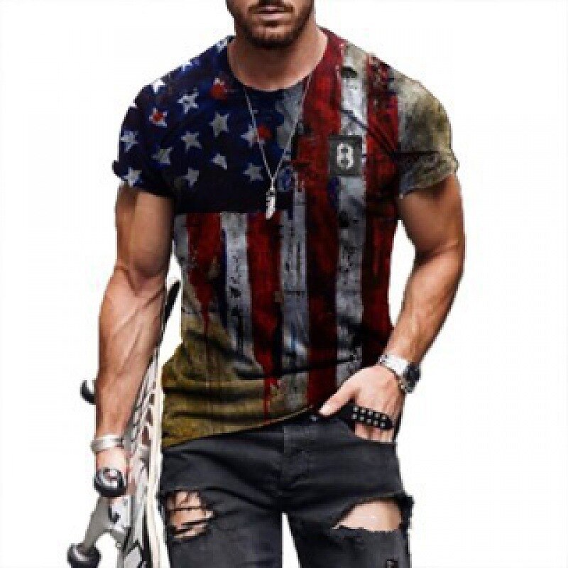 American Flag Print Men's Outdoor Zip Retro  Short Sleeve T-Shirt