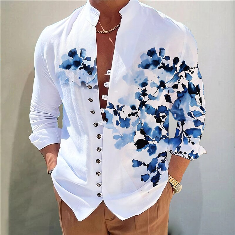 Men's Floral Graphic Prints Stand Collar  Long Sleeve  Shirt 