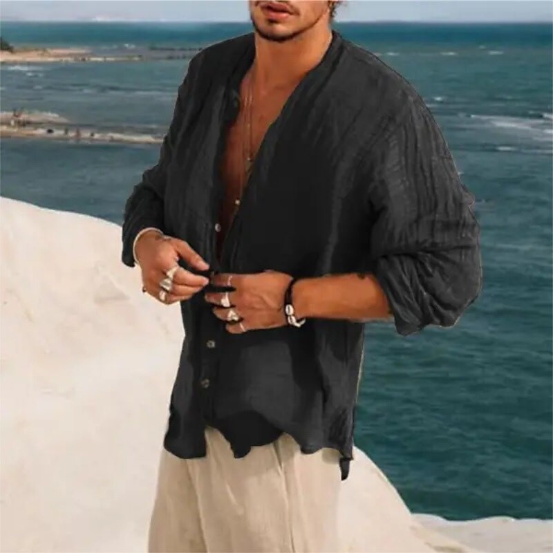 Men's Outdoor Beach Hawaiian Holiday Breathable Comfortable Light Plain Lapel Long Sleeve Shirt