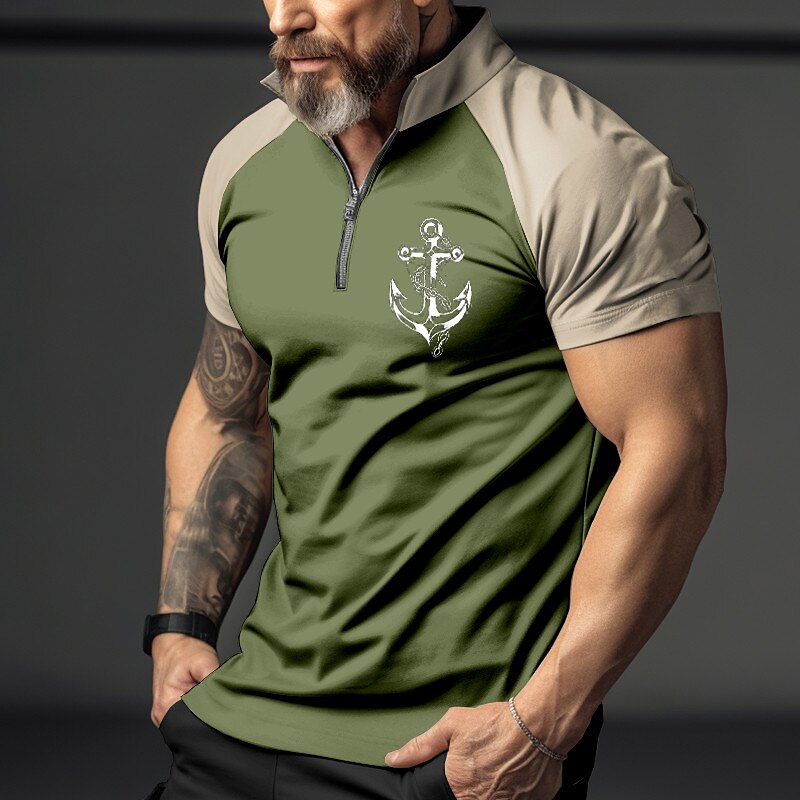 Men's Outdoor Golf Street Fashion Comfortable Breathable Light Prints Zipped Short Sleeve Polo Shirt