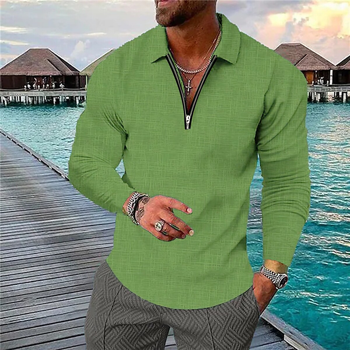 Men's Golf Shirt 3D Print Plaid Half Zipper Long Sleeve T-shirt