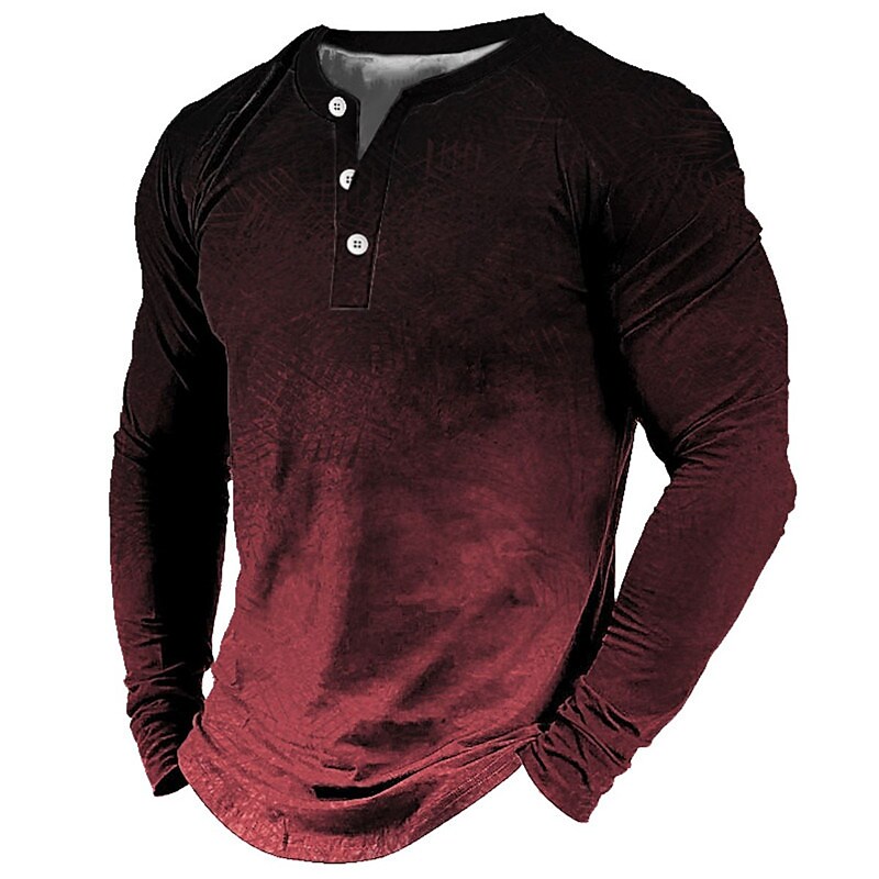 Men's Gradient 3D Print Outdoor Long Sleeve Henley Shirt