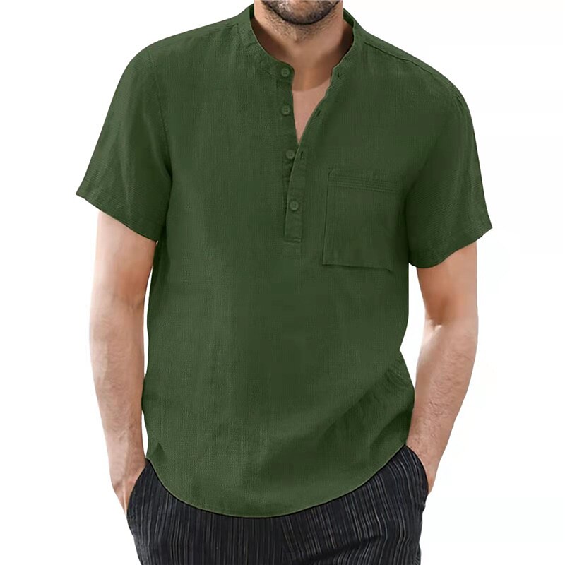 Men's Linen Shirt Black Khaki Army Green Short Sleeve Plain Collar Summer Casual Daily Clothing Apparel Front Pocket