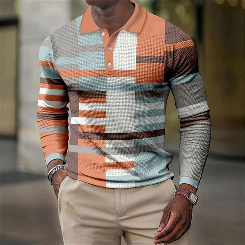 Men's Waffle Striped Graphic Button-Down Outdoor Long Sleeve Polo Shir