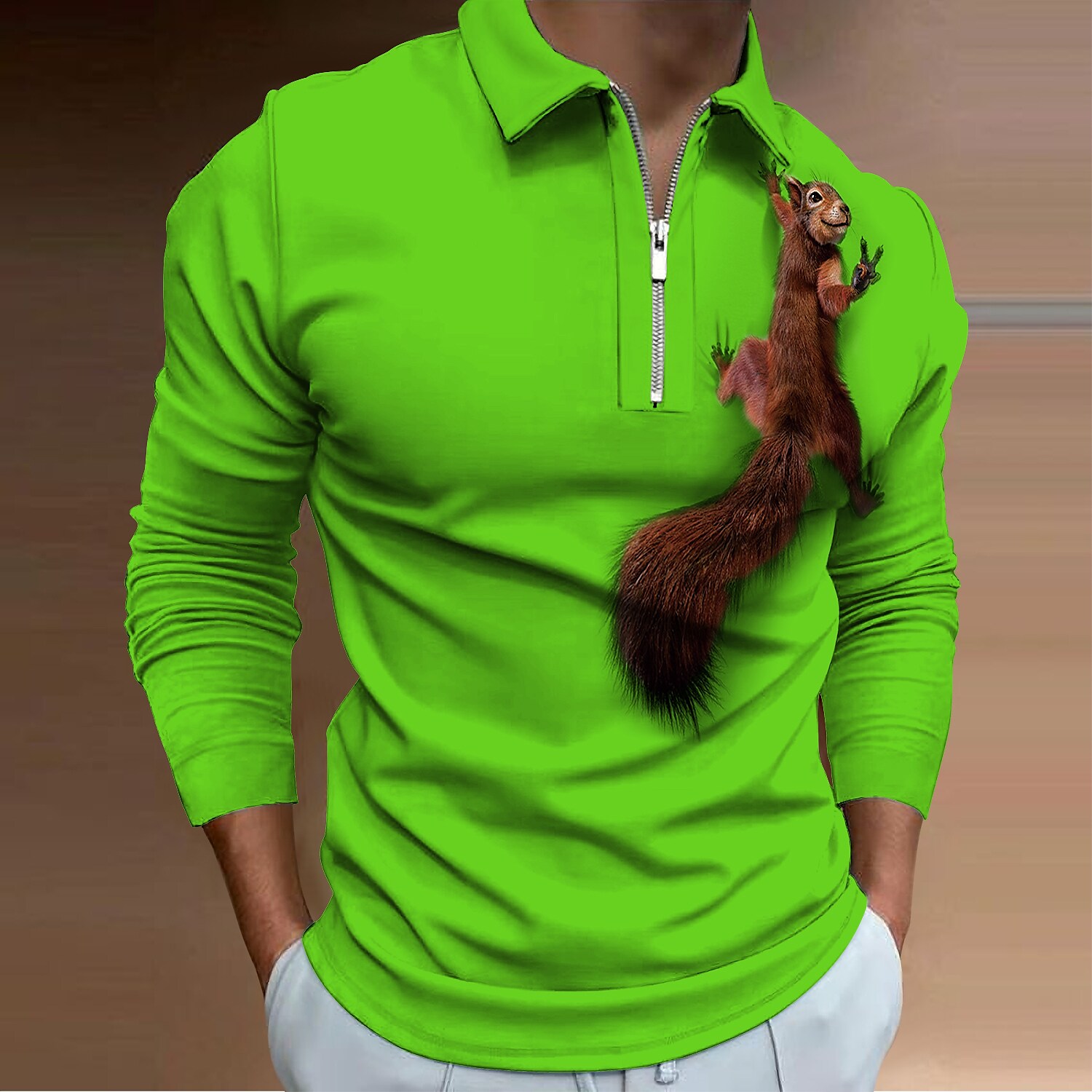 Men's Animal Graphic Prints Squirrel 3D Print Long Sleeve Zipper Polo 