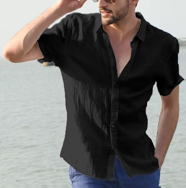 Men's Linen Shirt Shirt Solid Color Collar Black White Blue Green Gray Street Daily Short Sleeve Clothing Apparel Casual Breathable Comfortable Henley