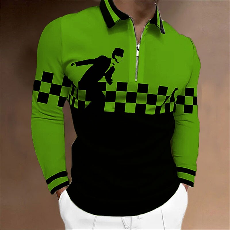 Men's Plaid Graphic Prints Turndown  Zipper Long Sleeve Polo Shirt