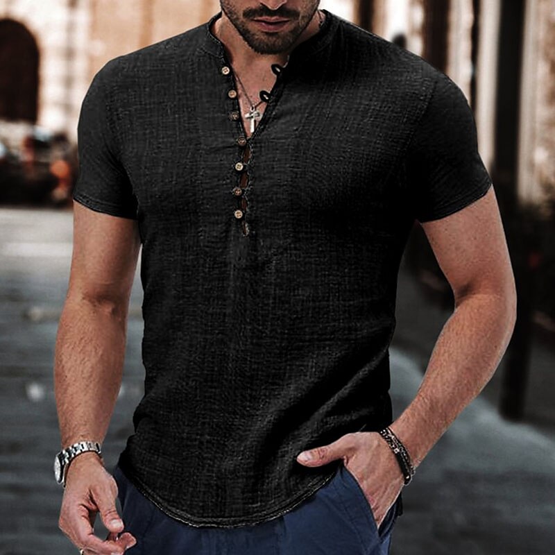 Men's Linen Casual Street Outdoor Comfortable Soft Plain Short Sleeves Henley Shirt