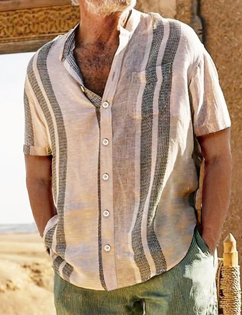 Men's Linen Beach Hawaiian Holiday Fashion Breathable Light Comfortable Stripe Print Short Sleeve Shirt