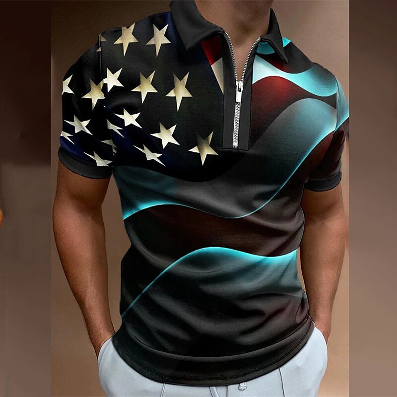 Men's Star Turndown  Zipper Short Sleeve Polo Shirt