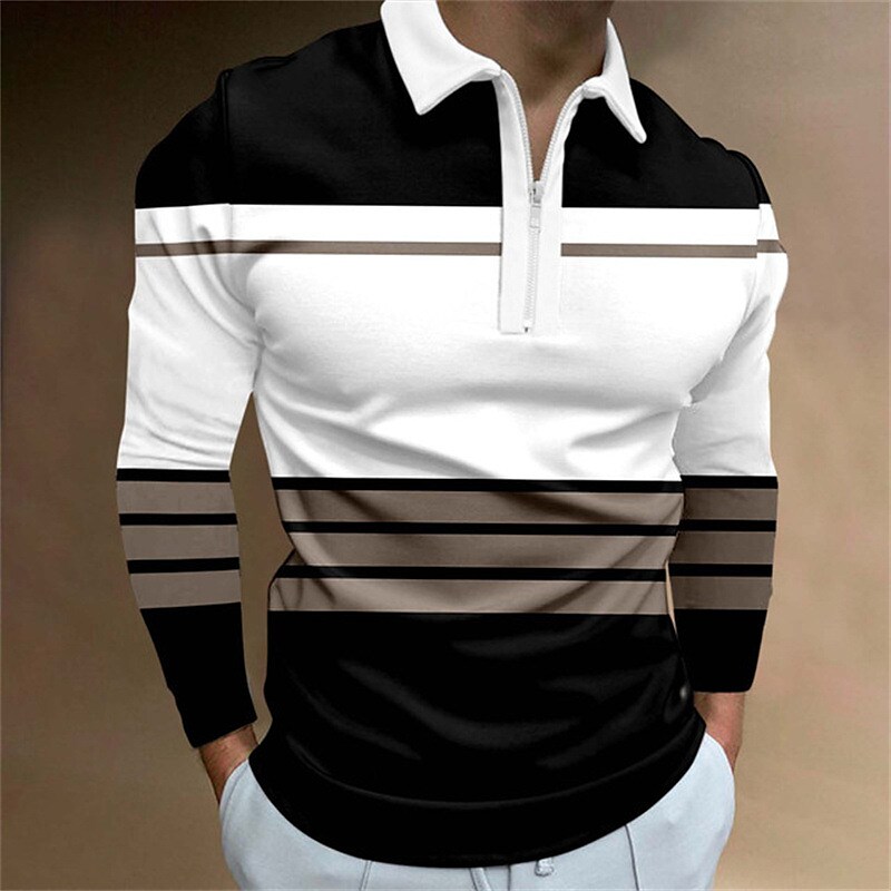 Men's Zip Houndstooth Striped Graphic Prints Turndown Polo Shirt